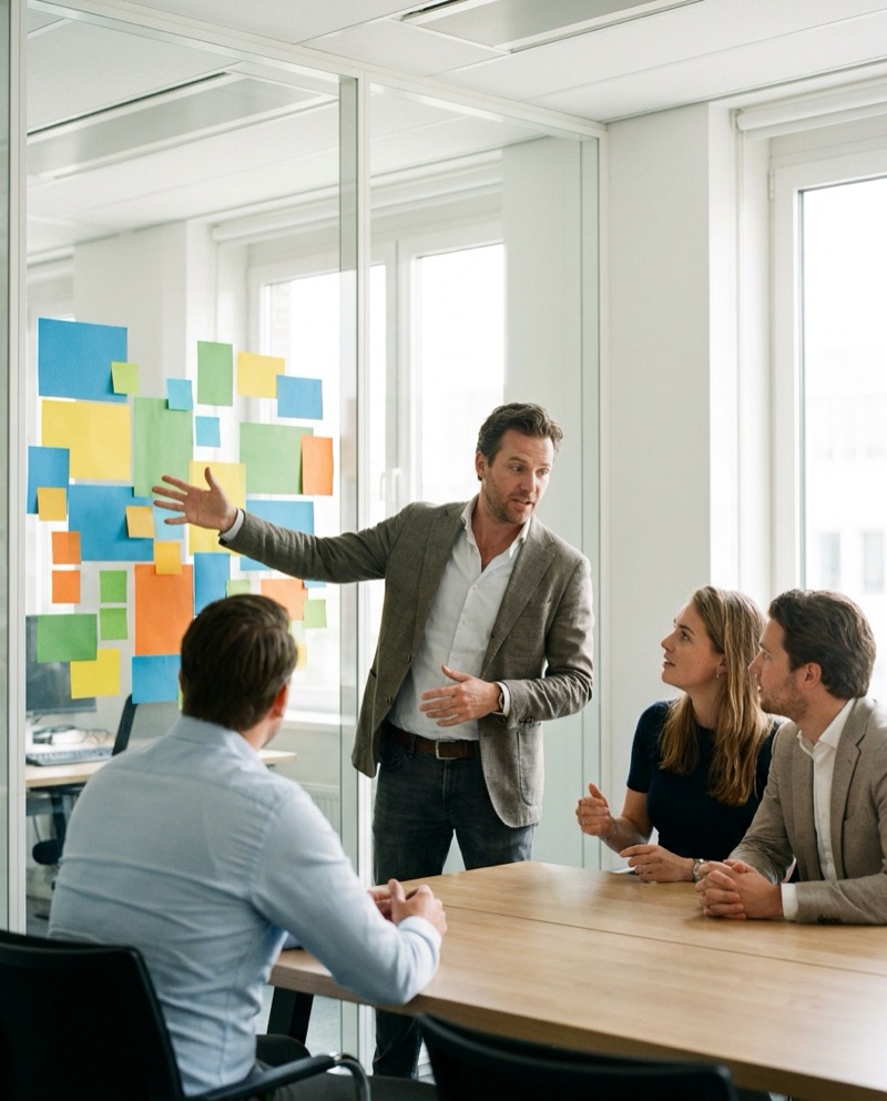 Een consultant leidt een workshop bij de opdrachtgever
