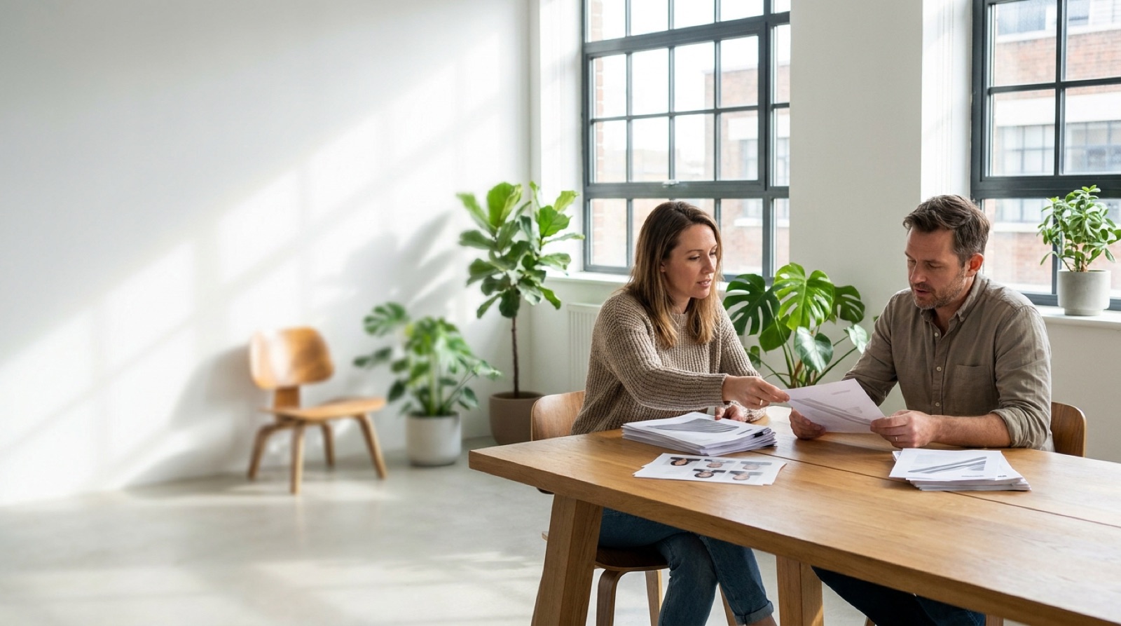 Twee recruiters bespreken cv's en aanvragen aan een tafel